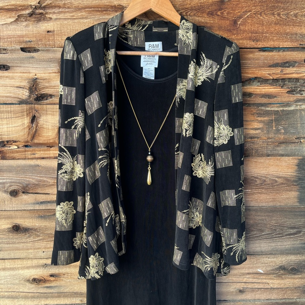 VINTAGE | R&M Richards By Karen Kwong Black Maxi Dress W/ Gold Floral Jacket 8P - Picture 2 of 11